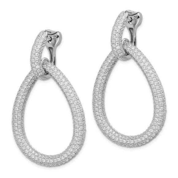 Sterling Silver Rhodium-plated 716 Stone Pavé CZ Hinged Teardrop Hoop Earrings - Picture 3 of 11